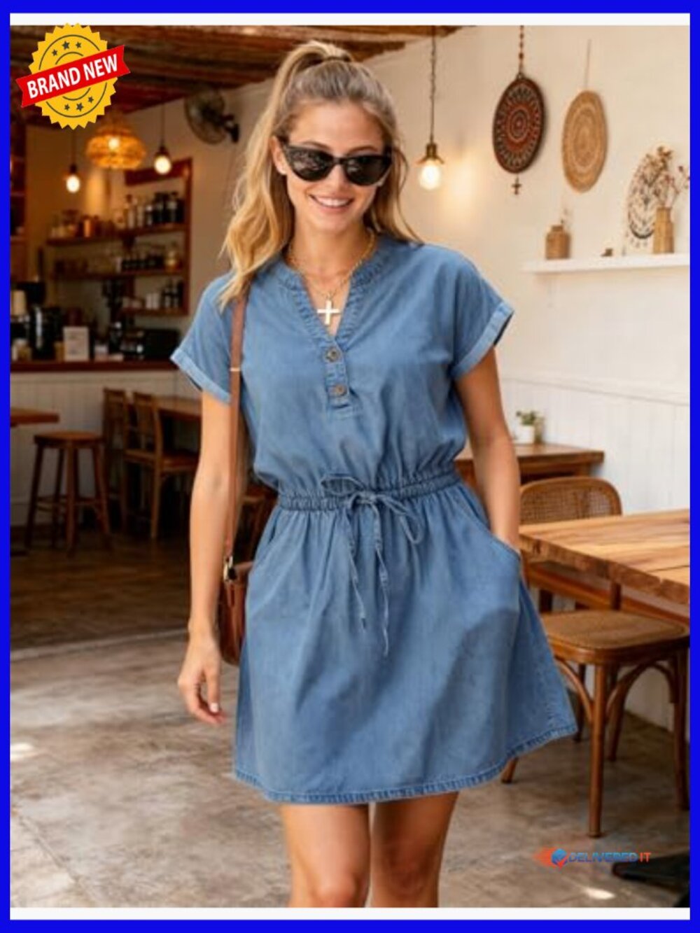 Short Sleeve Notch V Neck Button Tie Waist A Line Denim Mini Dress with Pockets - Picture 6 of 7